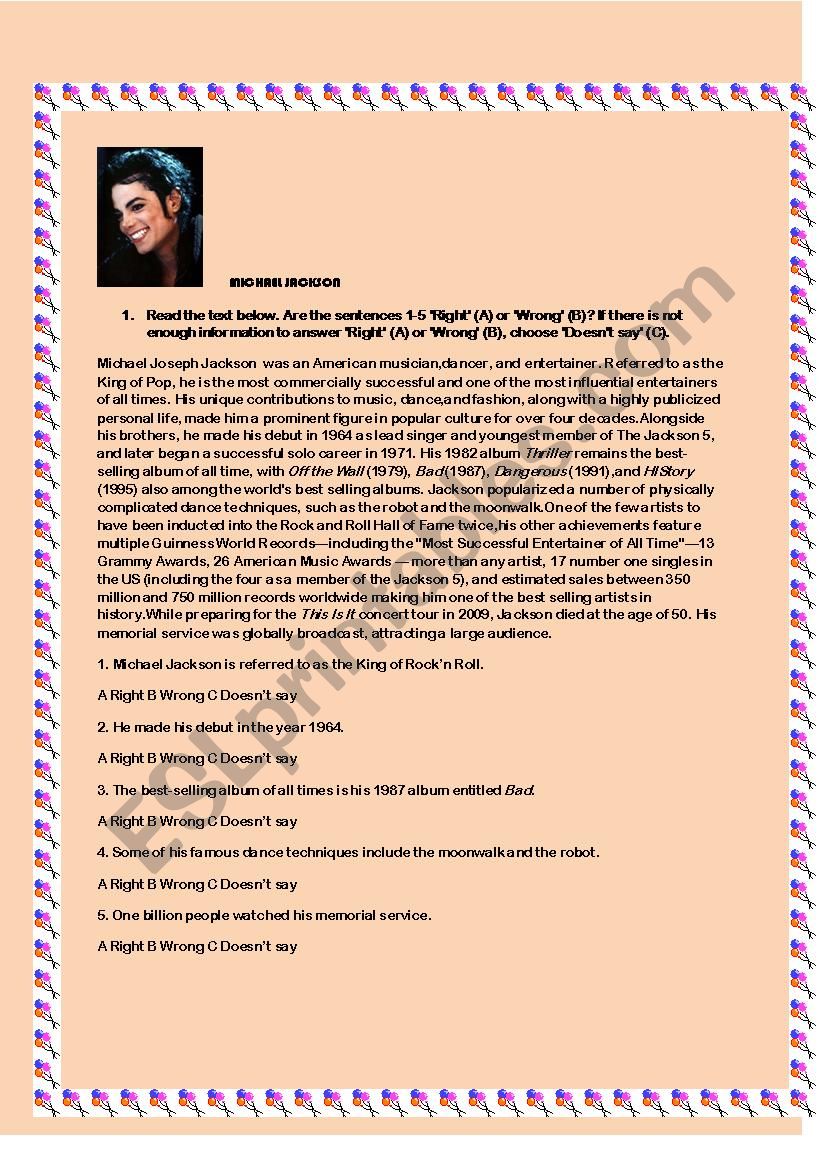 Michael Jackson worksheet