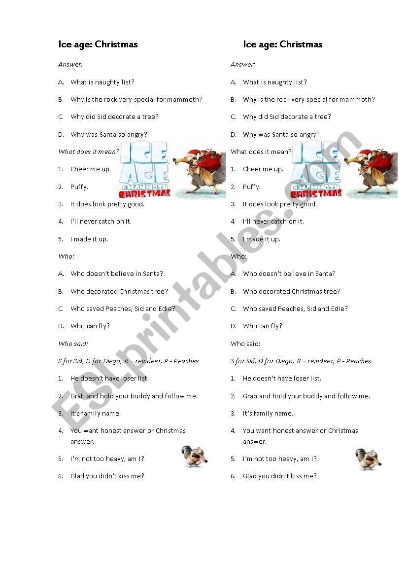 Ice Age: a Mammoth Christmas worksheet