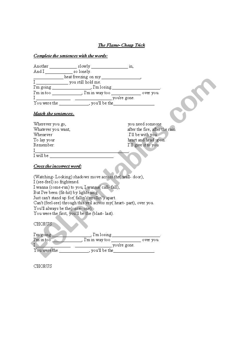 song - the flame- cheap trick worksheet