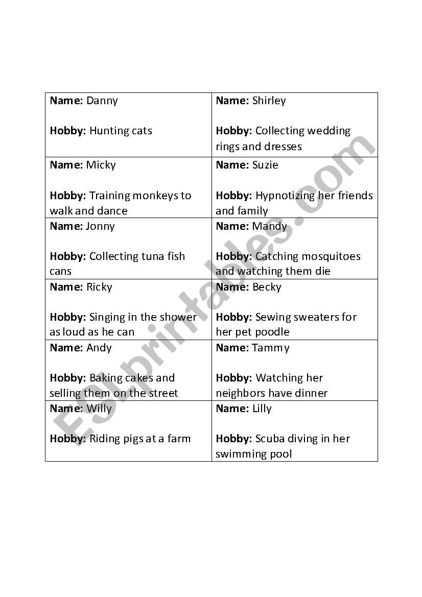 Hobby cards worksheet