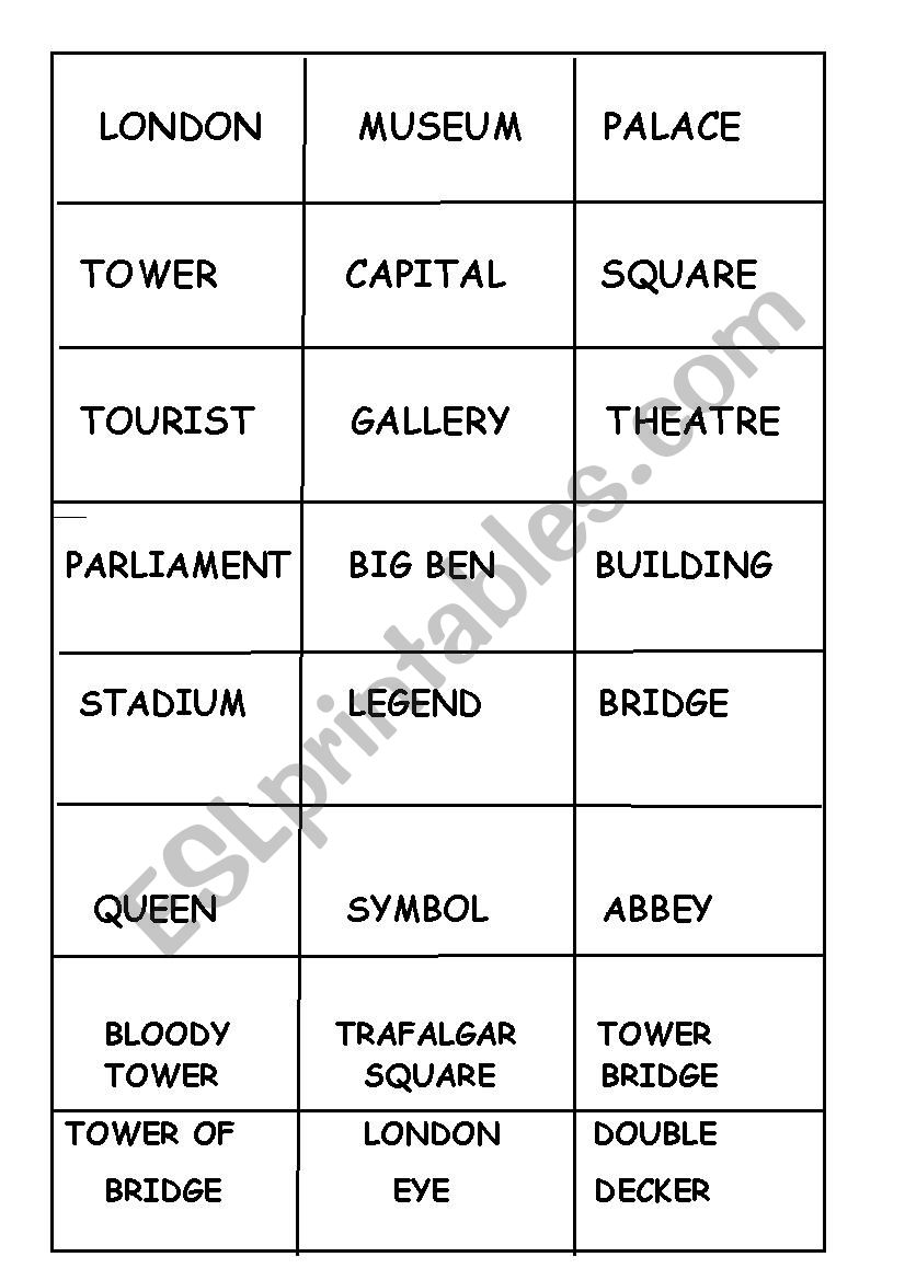 London flash cards worksheet