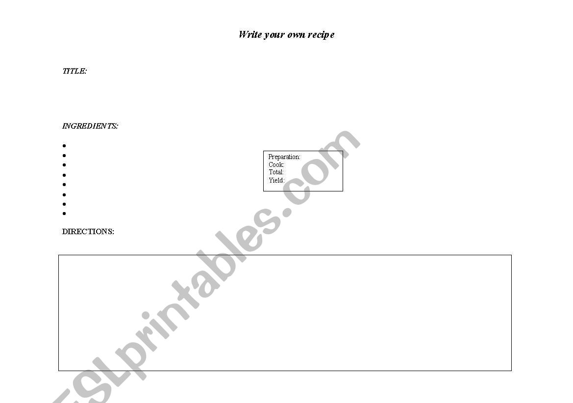 Write your own recipe worksheet