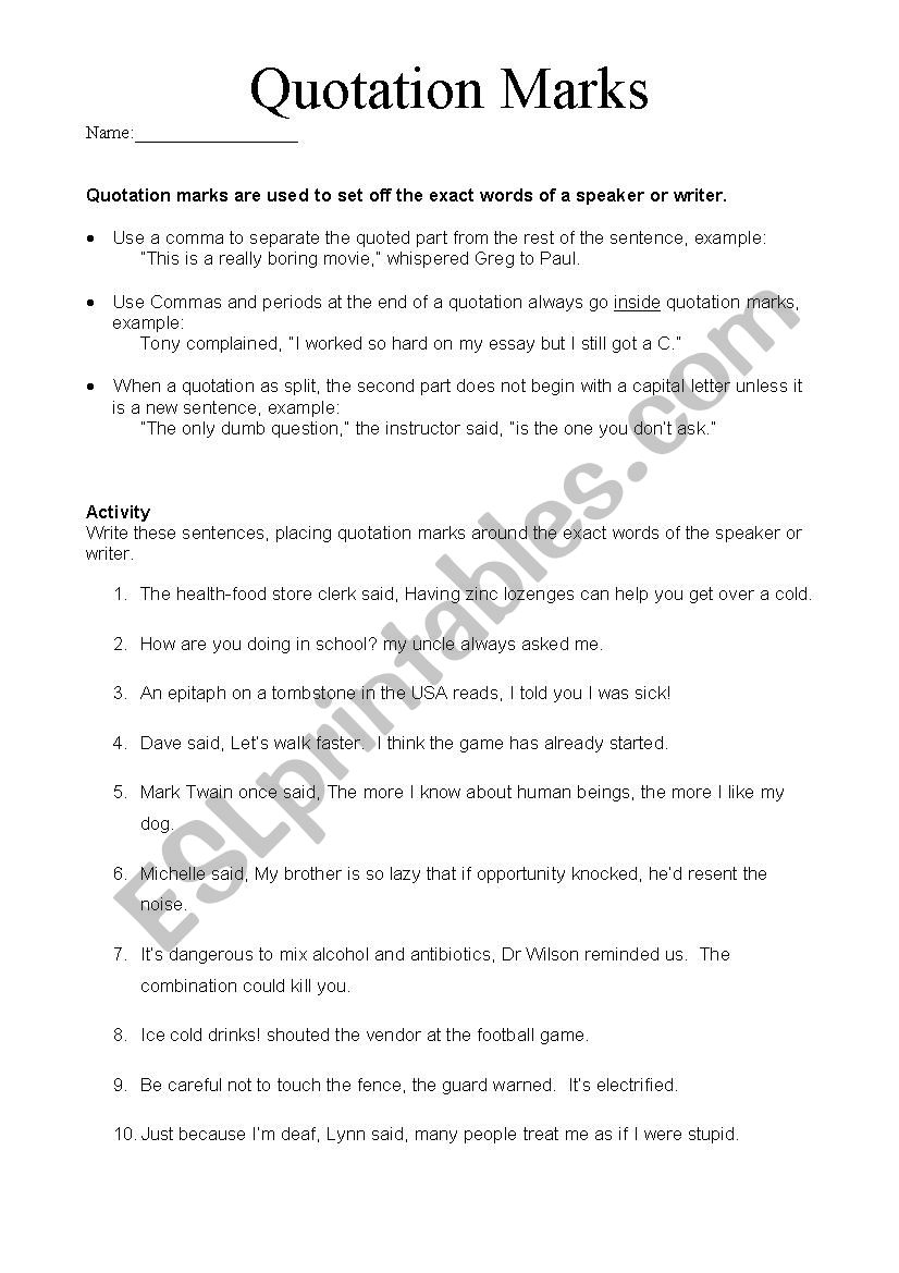 Quotation Mark Packet worksheet