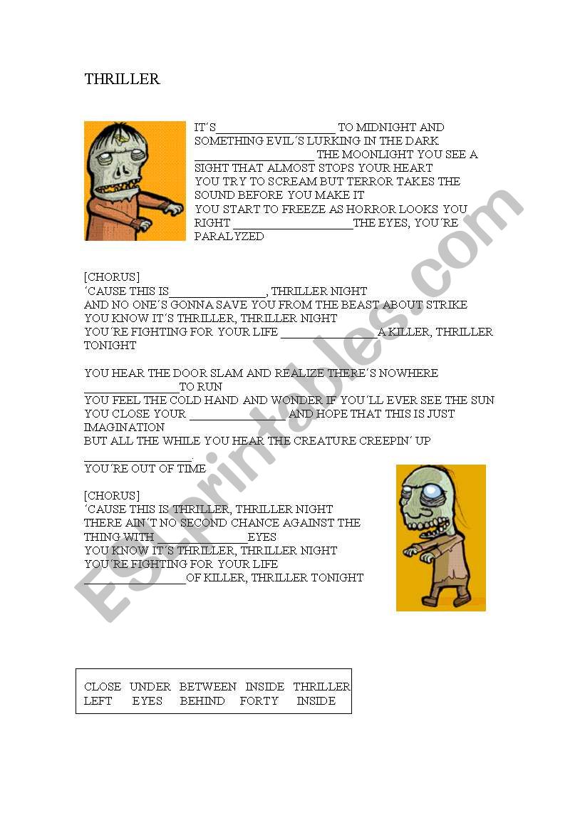 thriller song, fill in the blanks and preposition of place for halloween