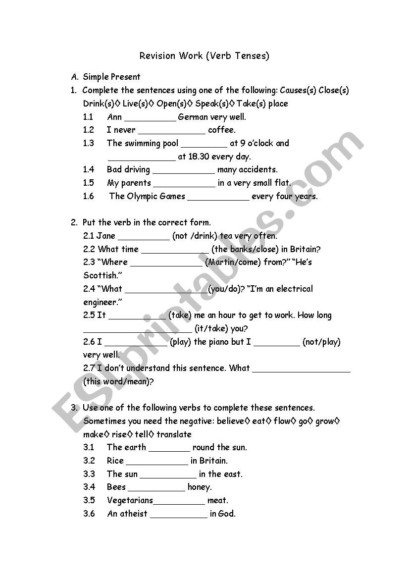 Revision Work worksheet