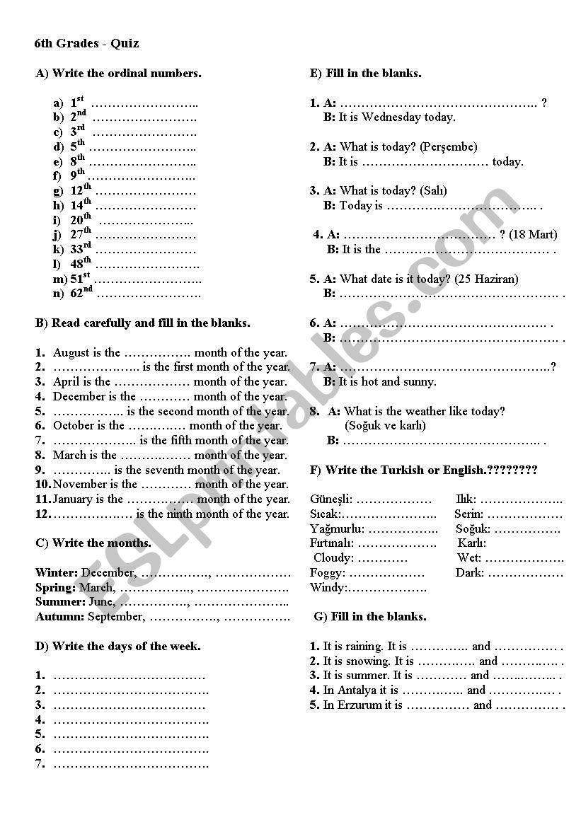 Months, Days, Seasons (Quiz) worksheet