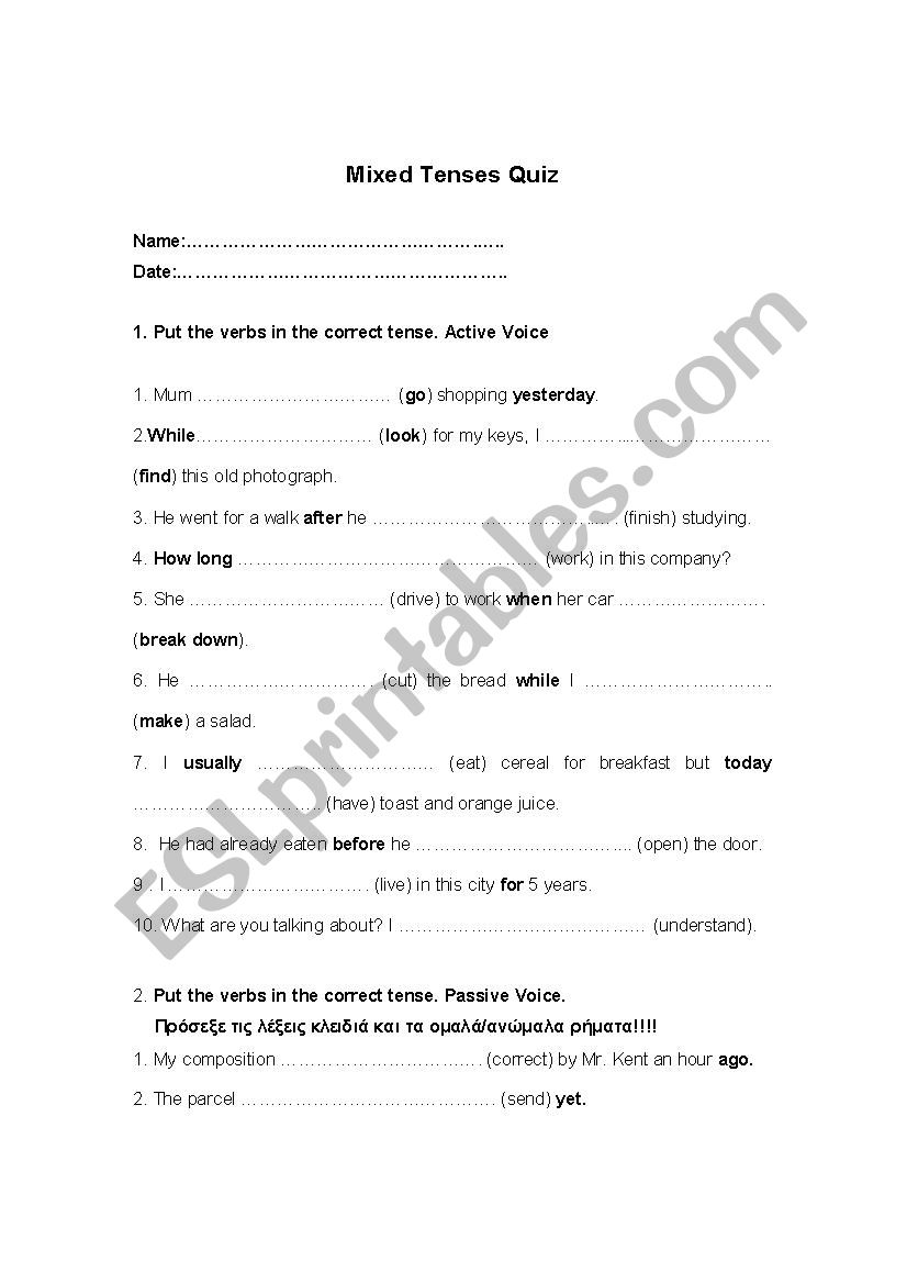 Mixed Tenses Quiz worksheet