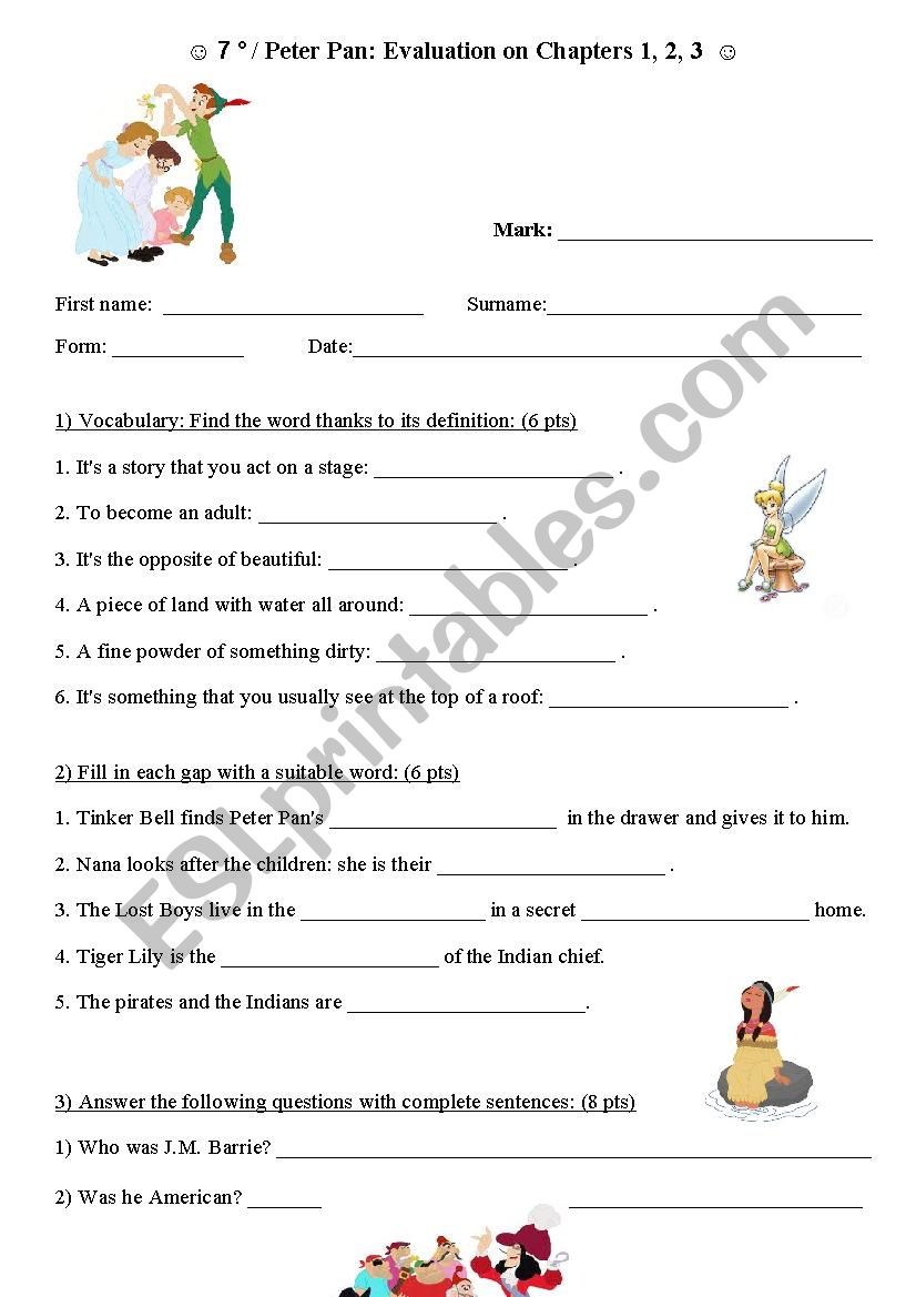 Peter Pan  evaluation for chapters 1, 2, 3 