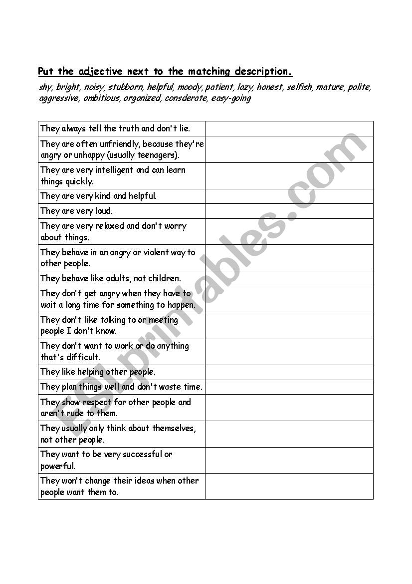 personal adjectives worksheet