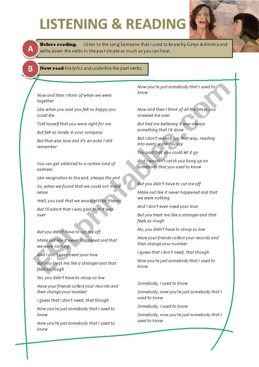 Song Somebody I used to know worksheet