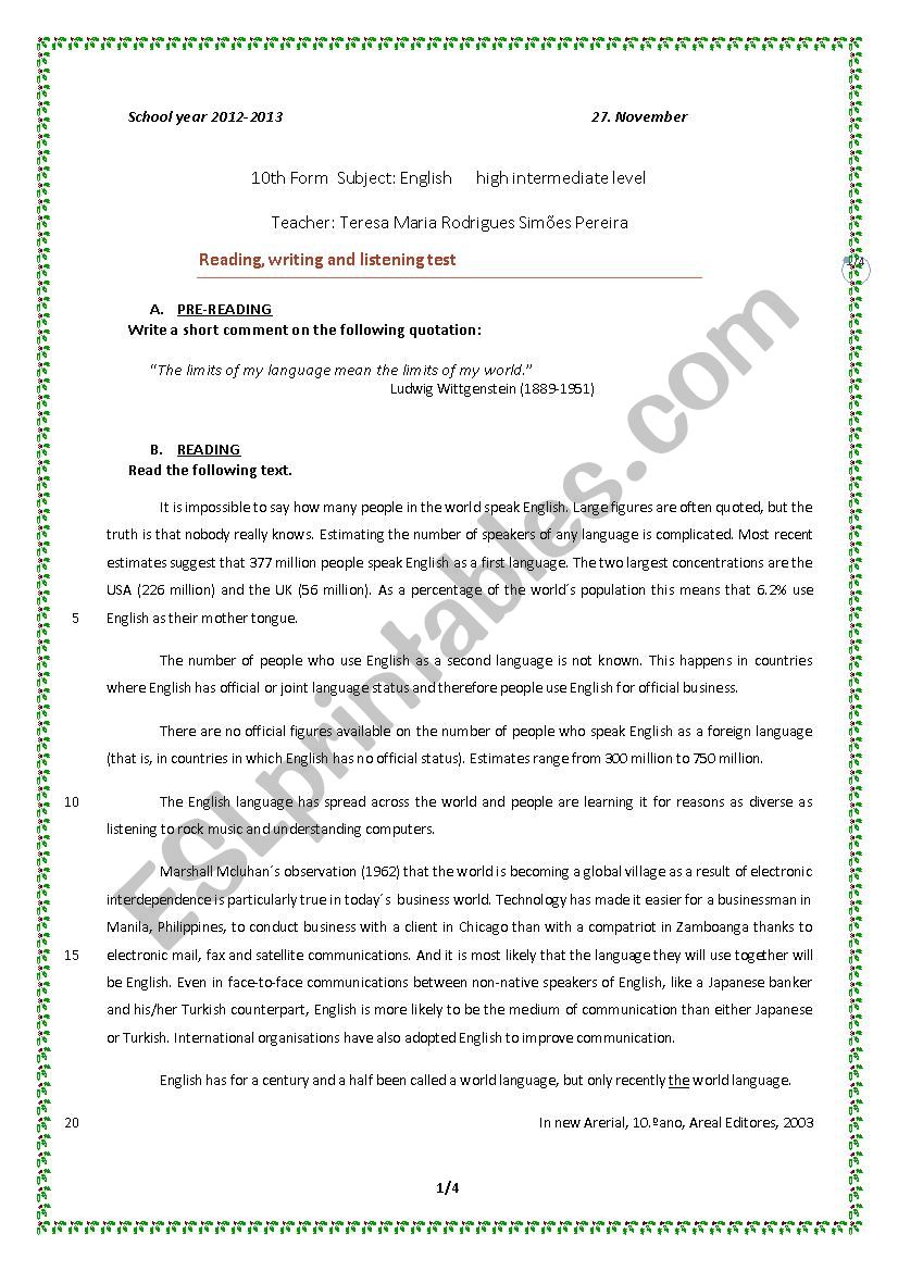 English test 10th form worksheet