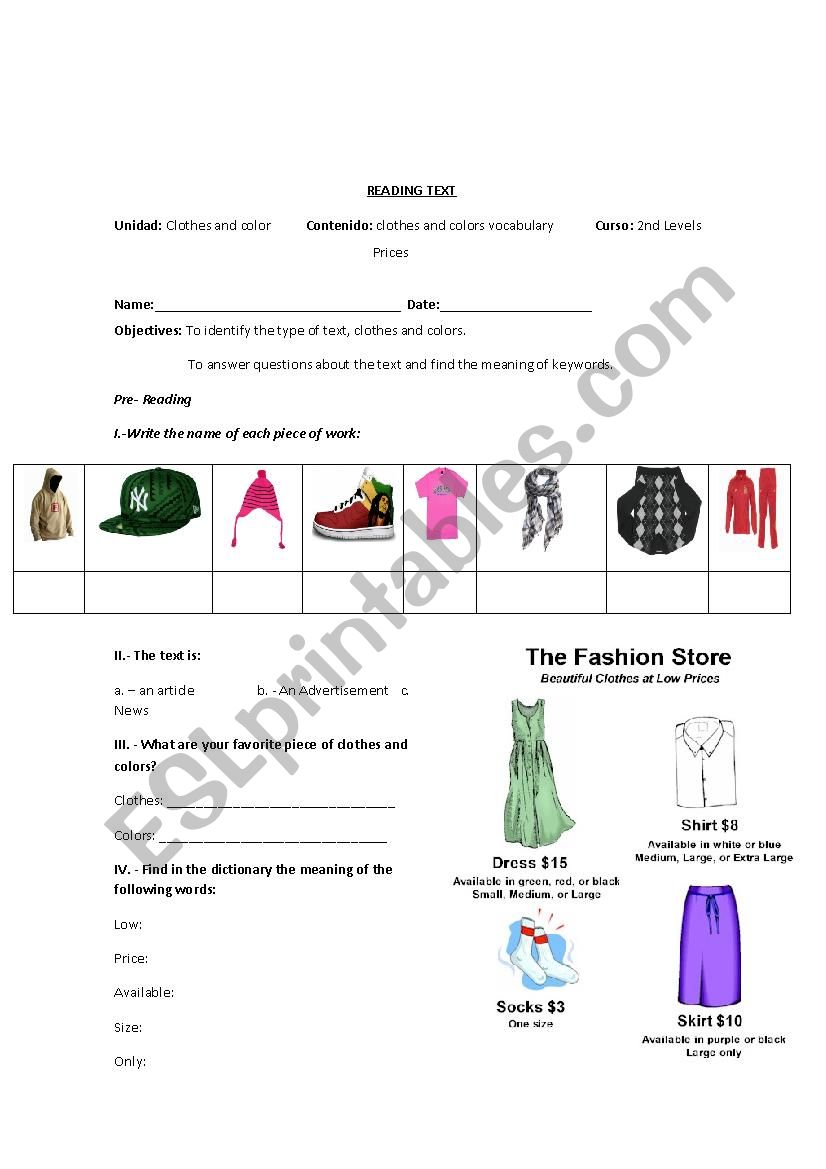 the fashion store worksheet