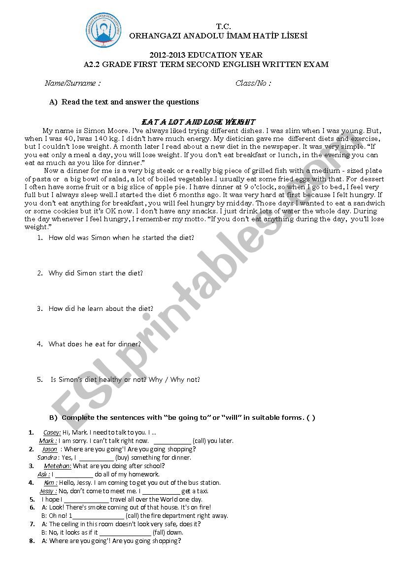 A 2.2 grade exam worksheet