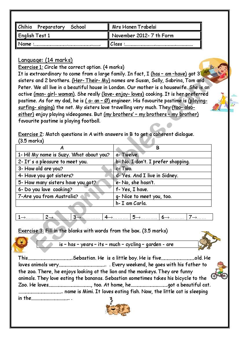 Mid Term Test for 7th form worksheet