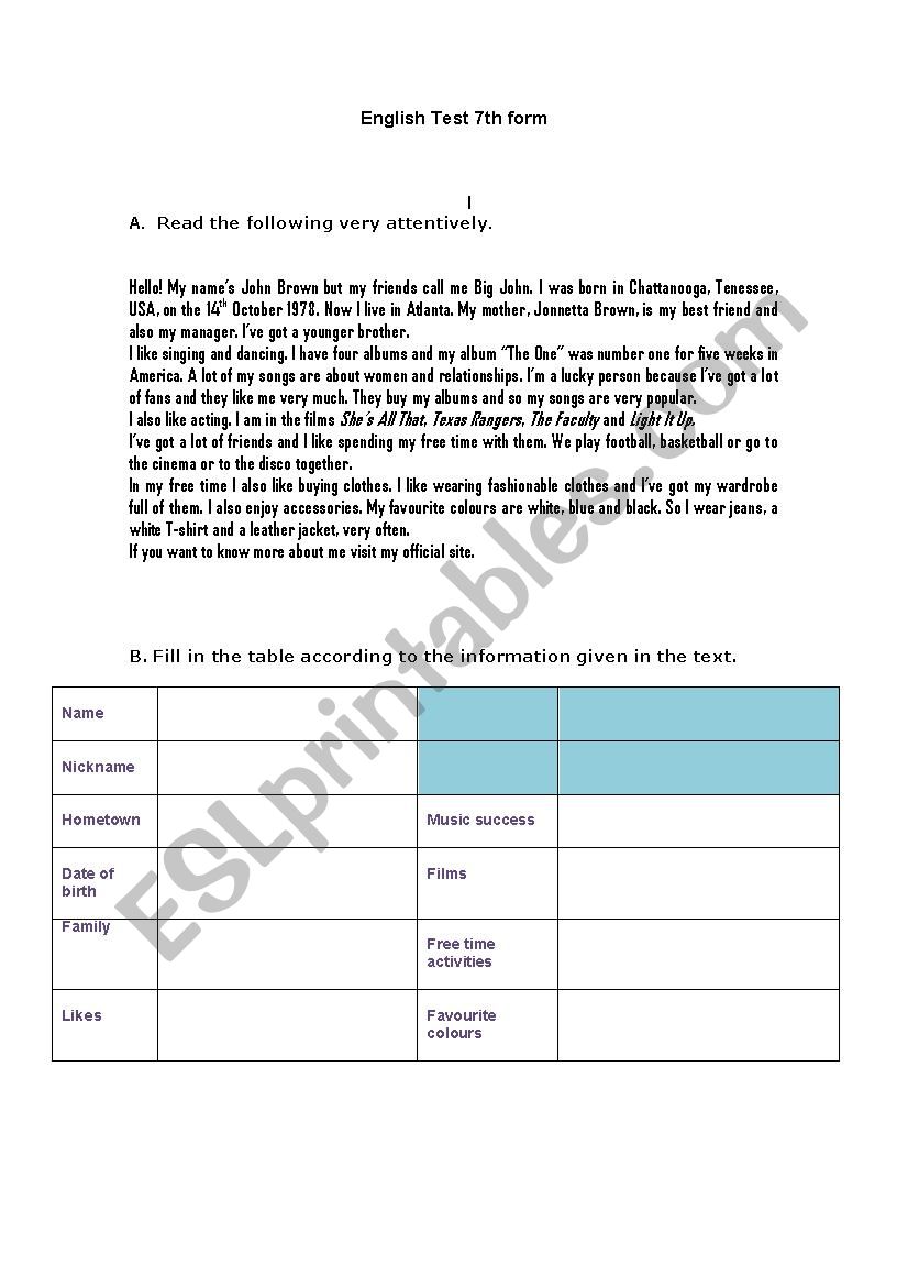 English Test.7th form worksheet