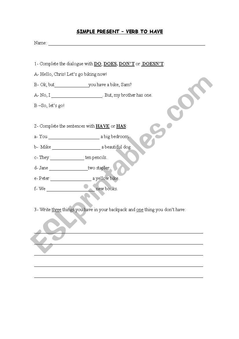 Present Simple - Verb to have - ESL worksheet by f_matias