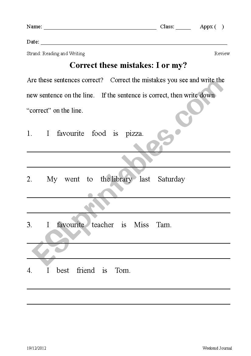 I or my? worksheet