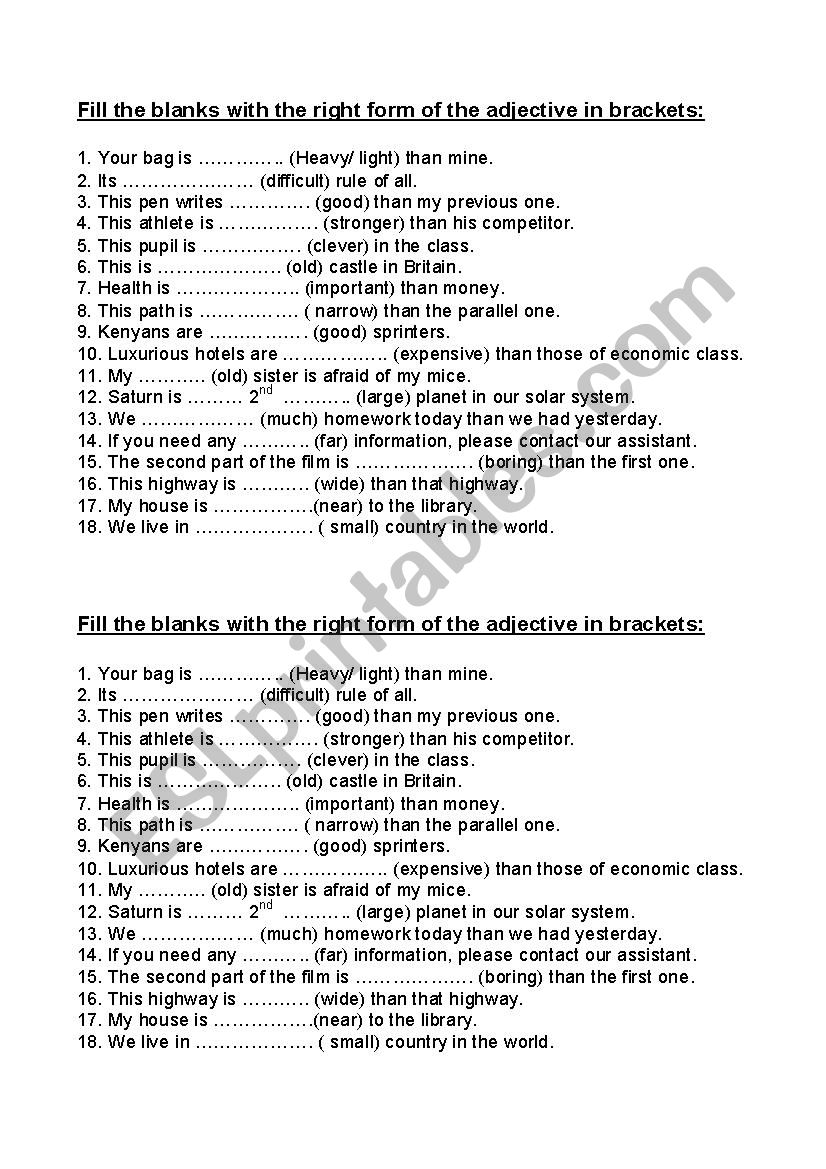 Degree of comparison worksheet