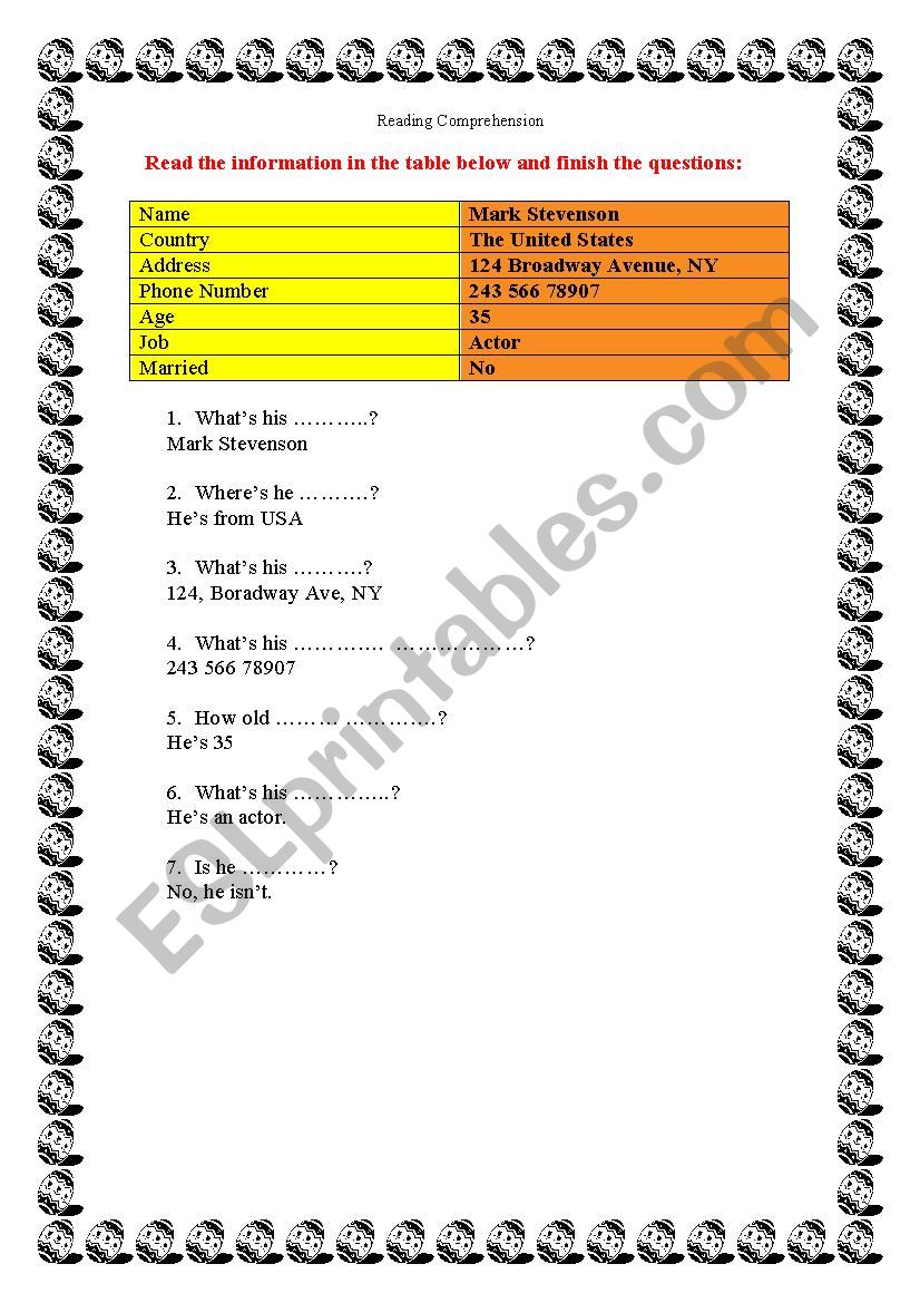 Reading Comprehension worksheet