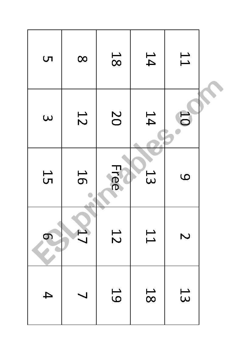 Bingo Game Numbers (1-20) worksheet