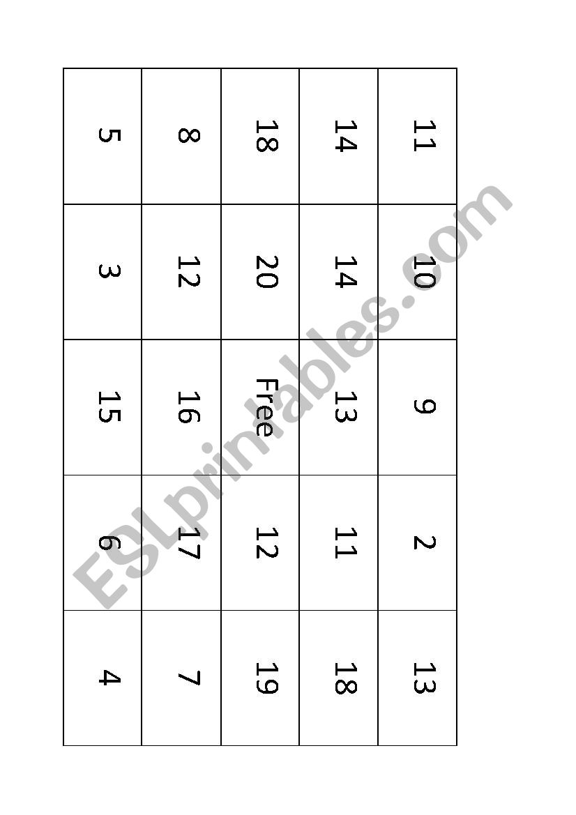 Bingo Game Numbers (1-20) worksheet