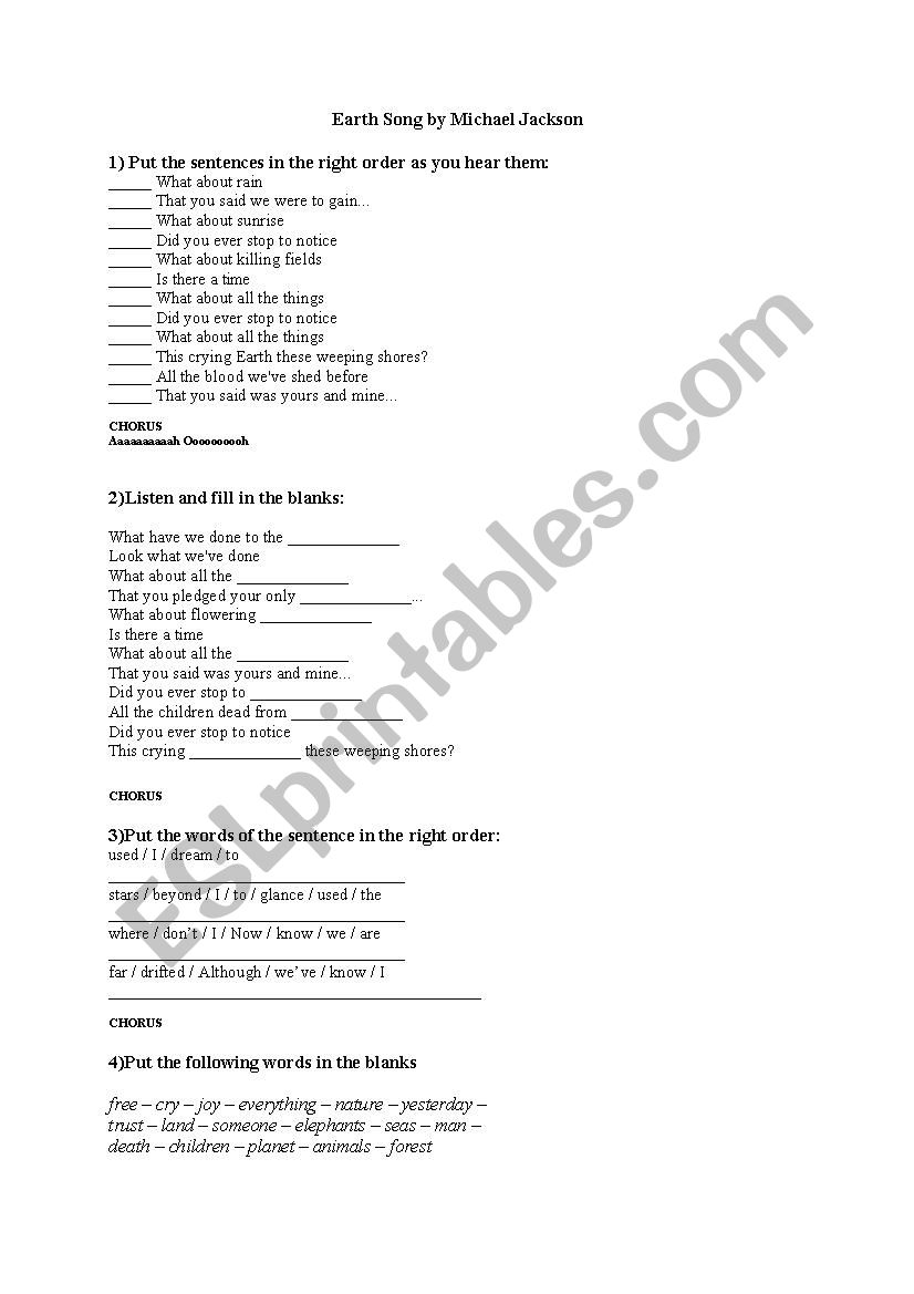 earth song by michael jackson worksheet