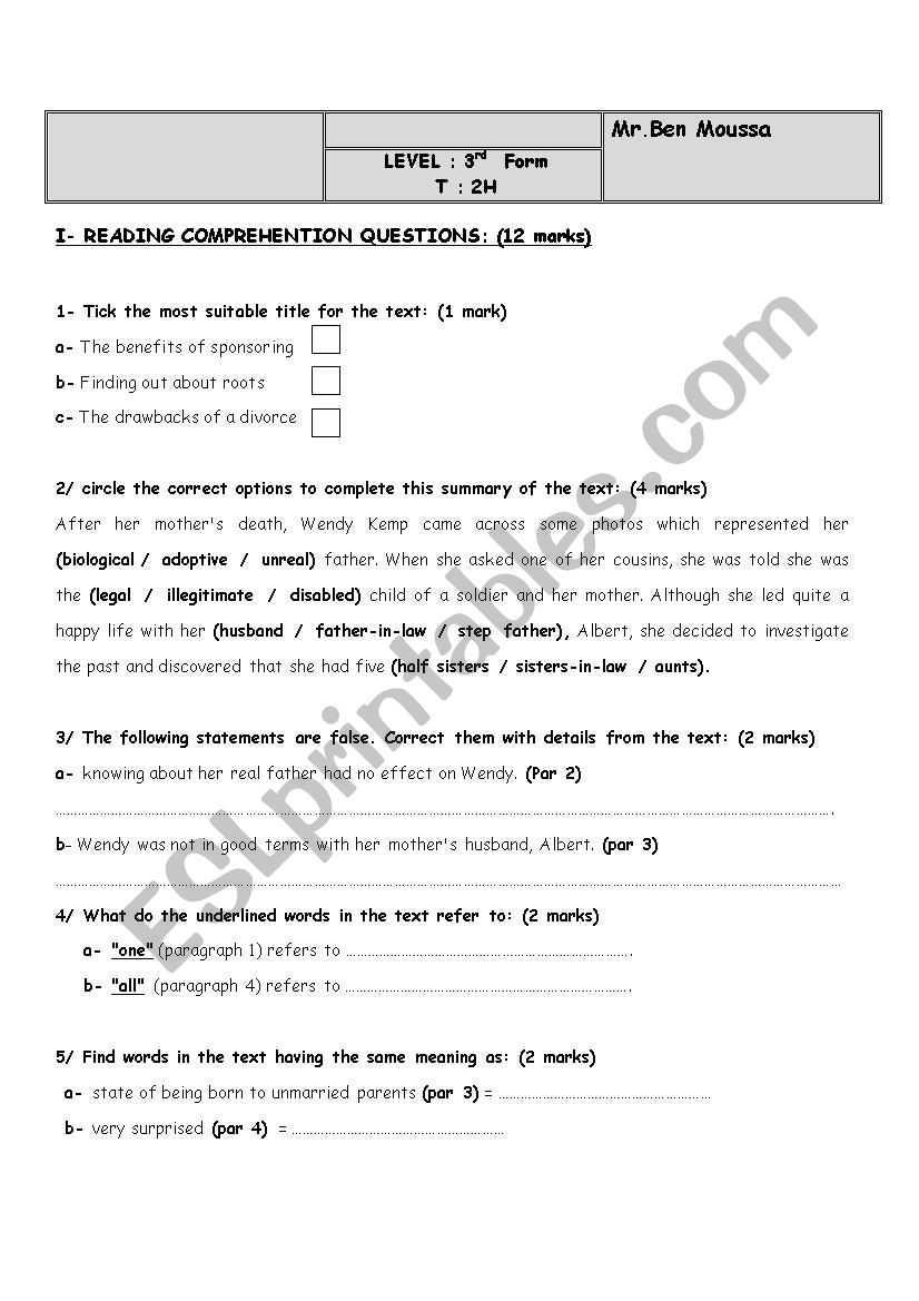 3rd year end term test 1 worksheet