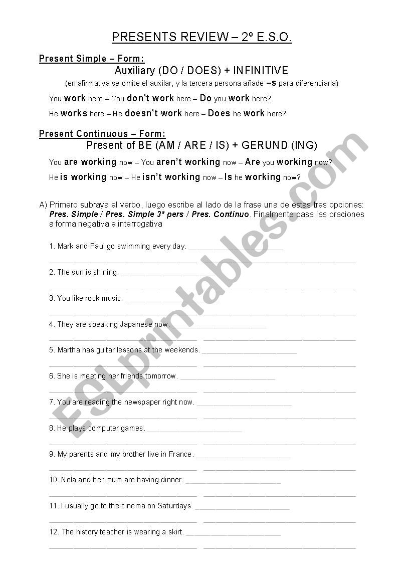 Presents Review 2 ESO worksheet
