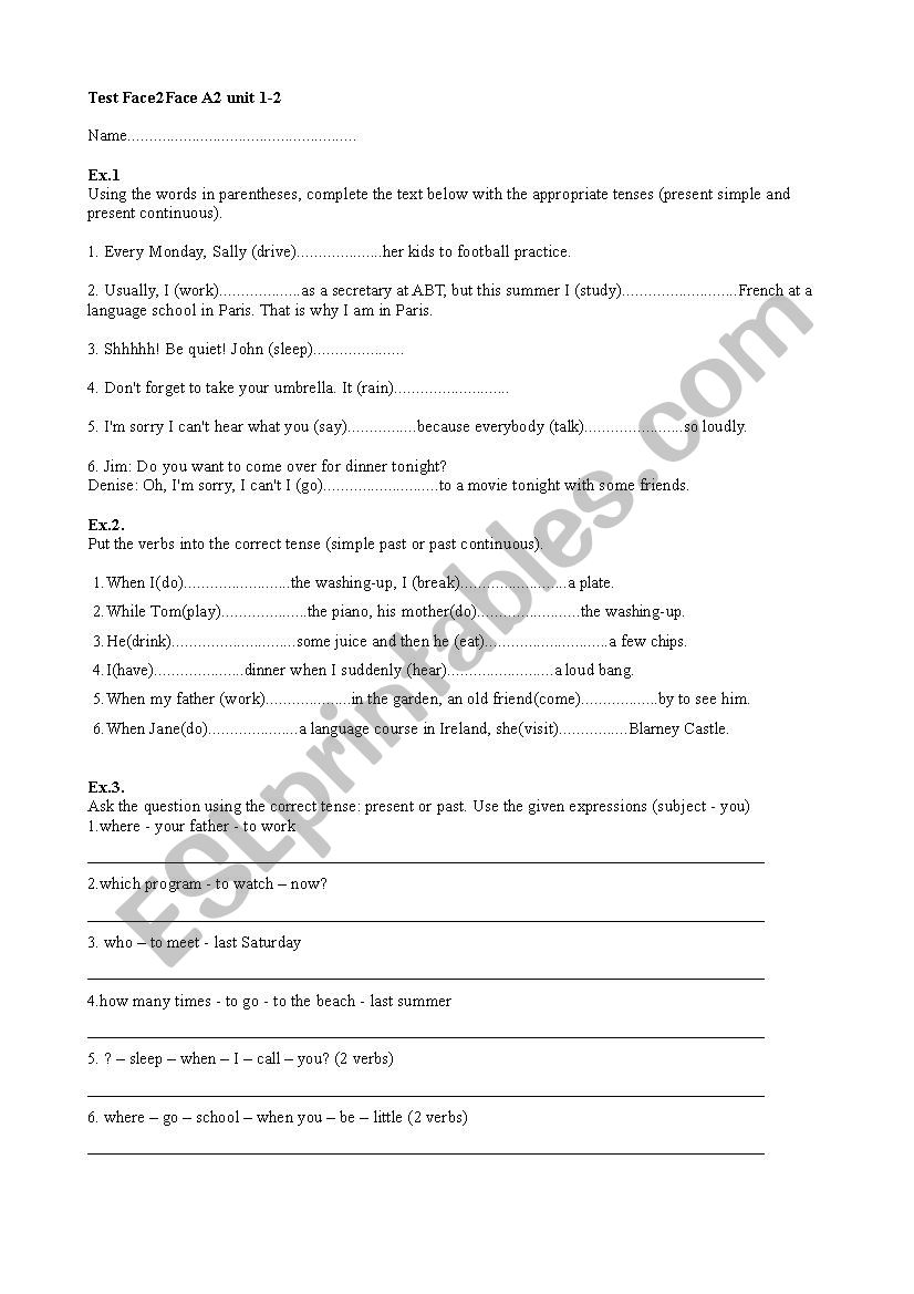 Pre-intermediate A2 Face 2 Face test unit 1-2 