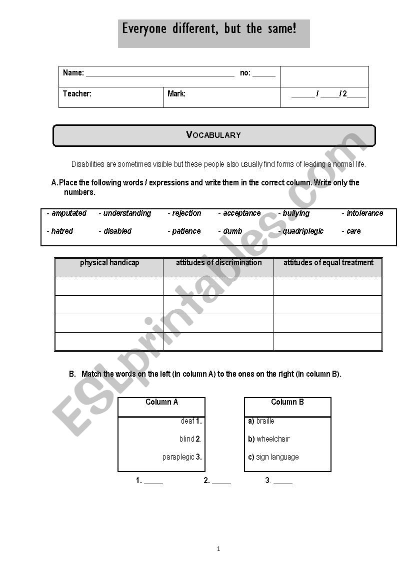 Discrimination - test worksheet