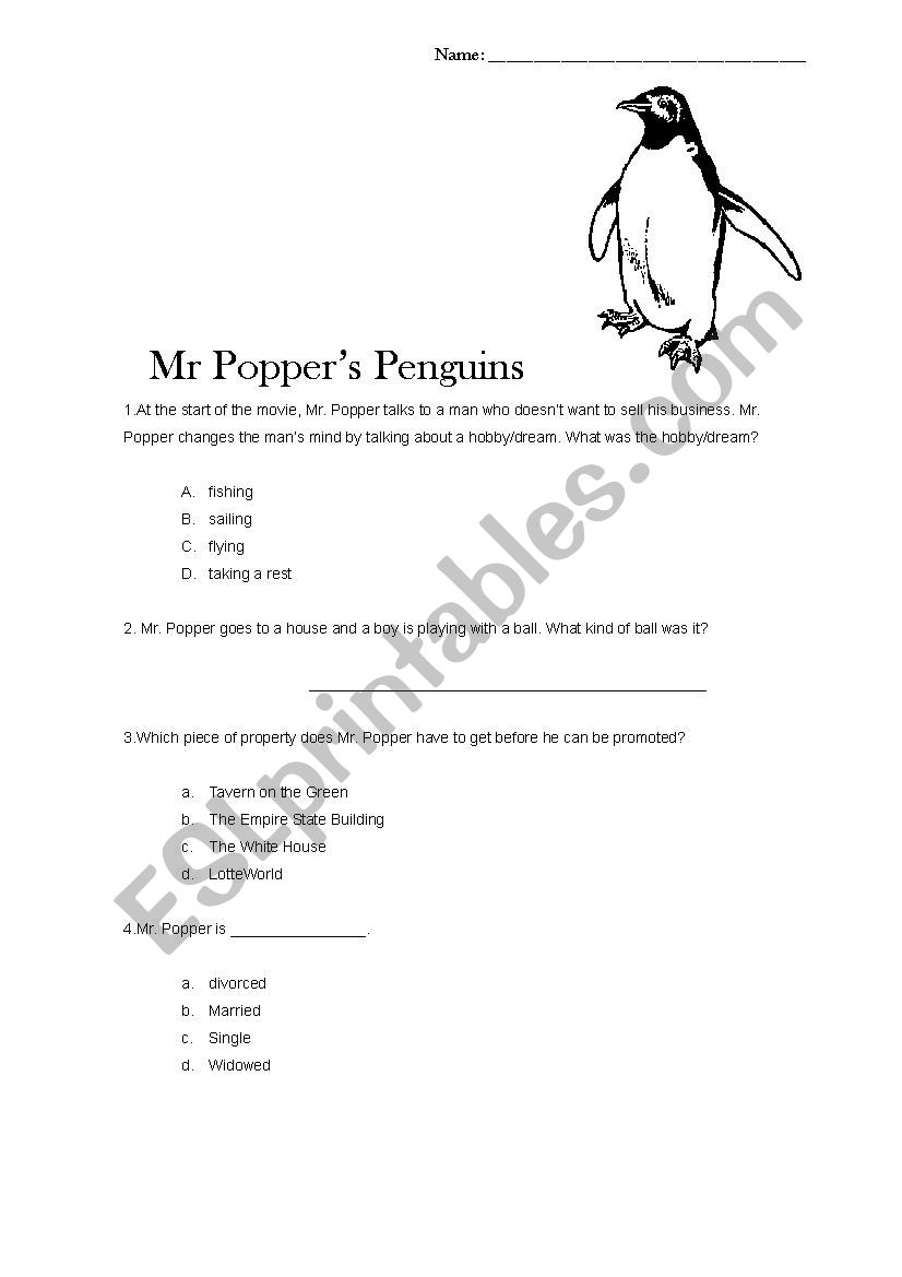 Mr. Poppers Penguins (questions)