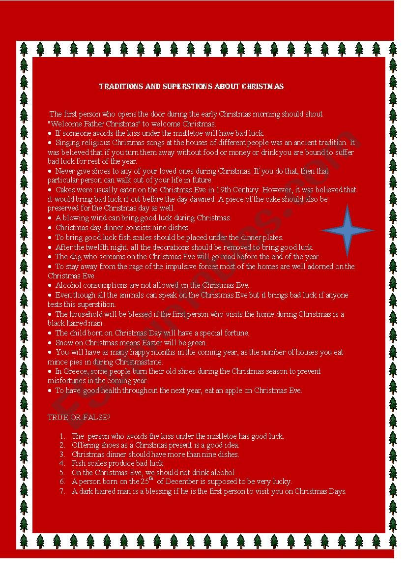 Christmas superstitions worksheet