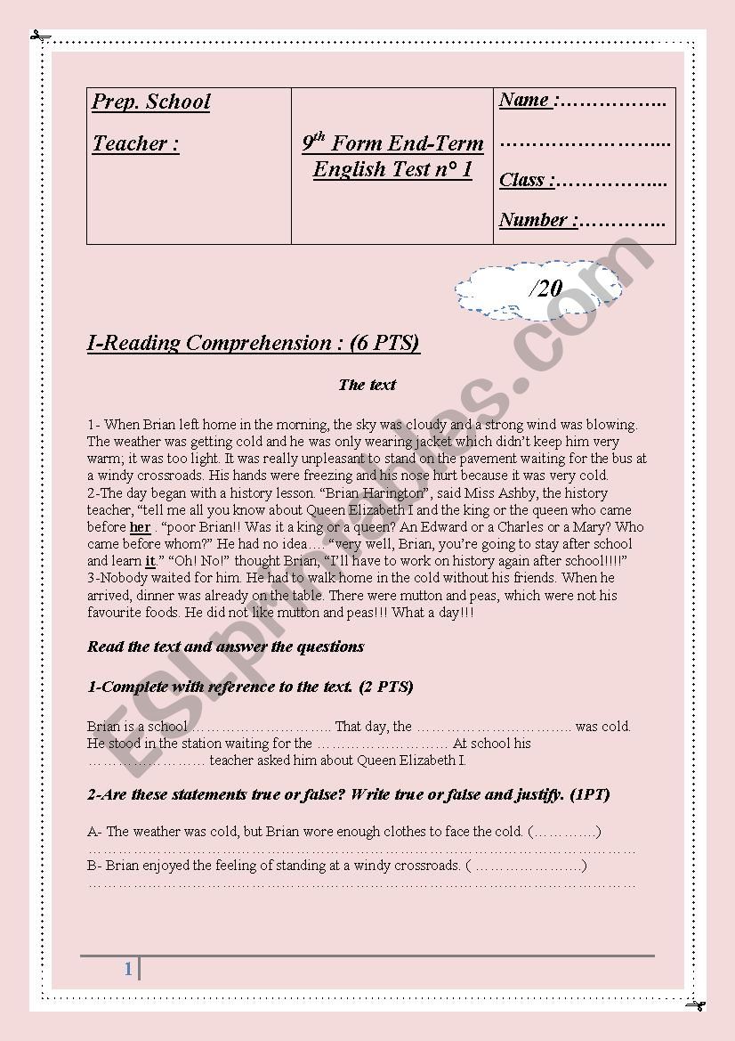 9th Form 1st End Term Test (Part 1)