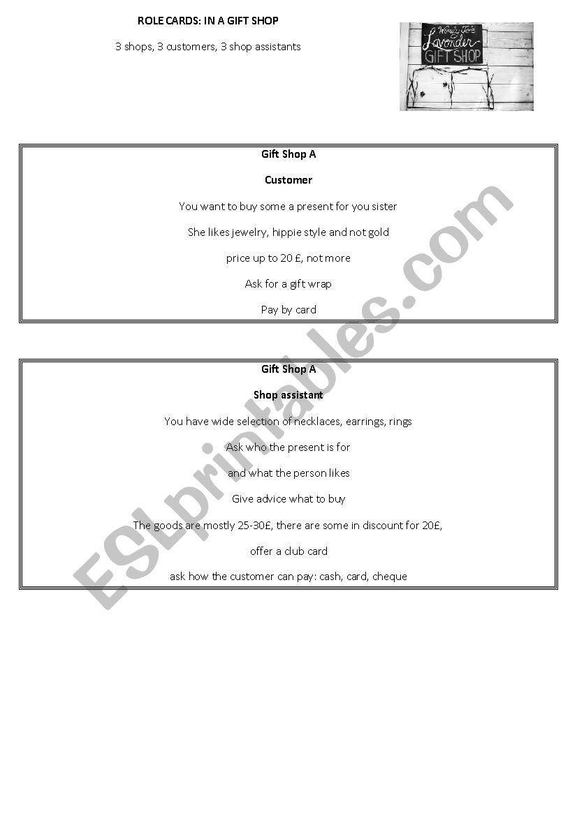 Role play: a gift shop worksheet