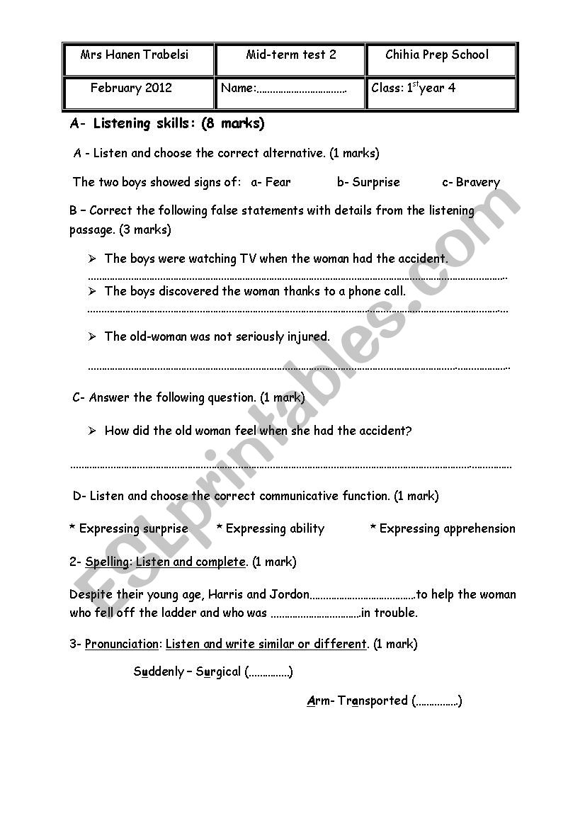 Test for first year pupils worksheet