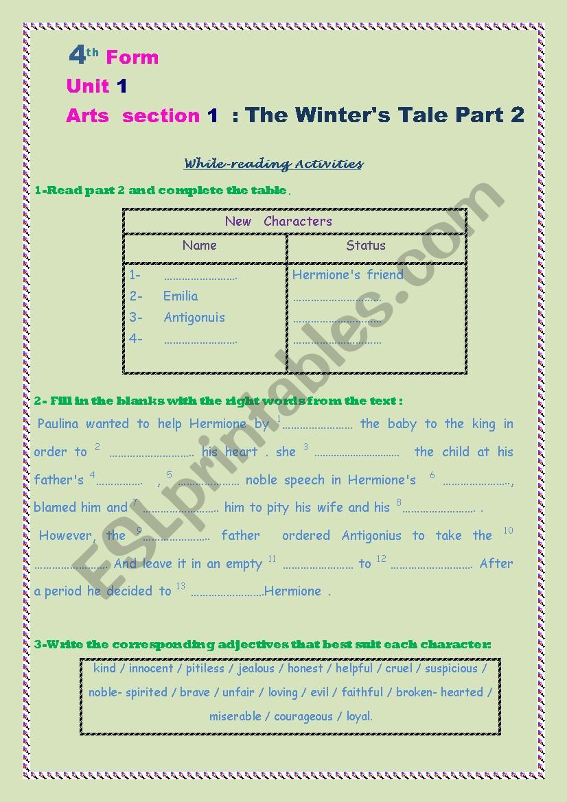 the Winters Tale Part 2 worksheet