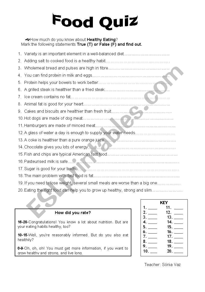 food quiz worksheet