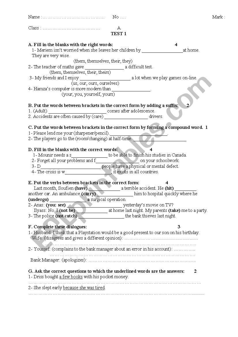 test worksheet