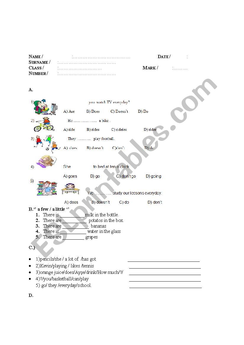 6th second exam worksheet