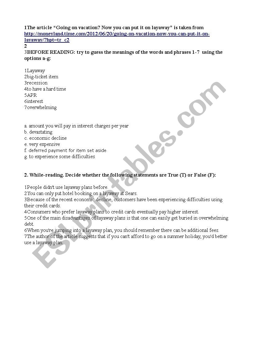 Layaway vacation plans worksheet