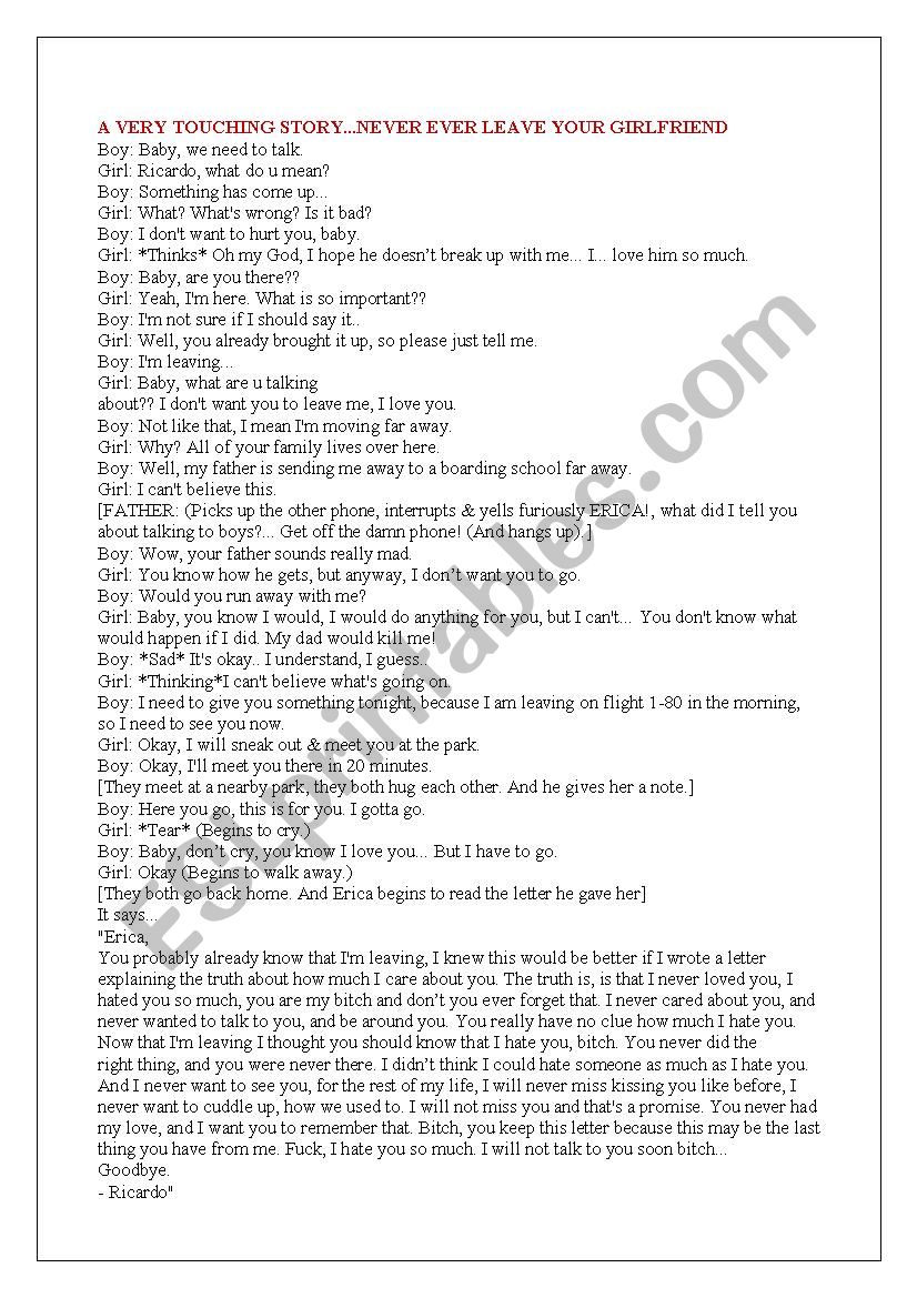 A very touching story worksheet