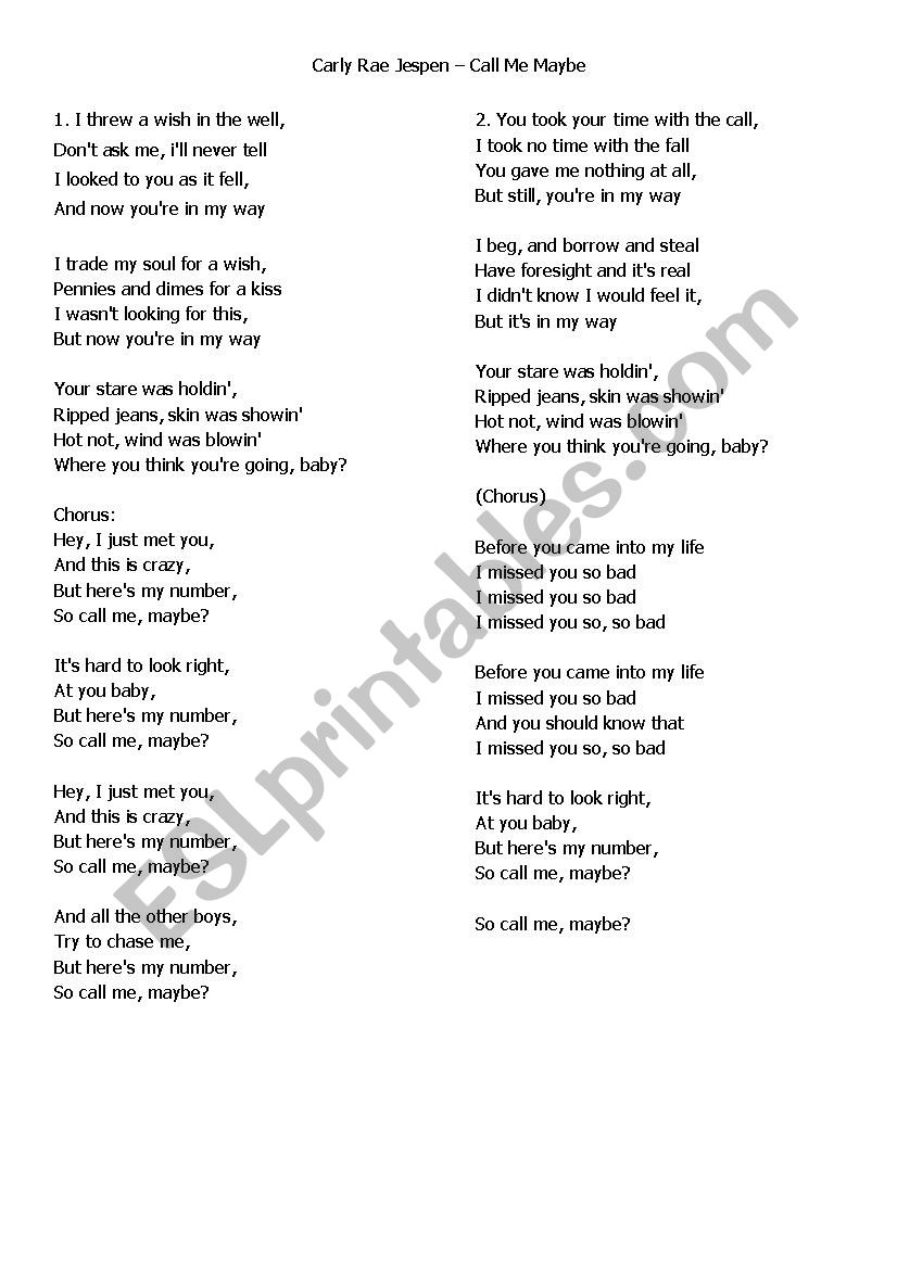 Call Me Maybe Worksheet.pdf Carly Rae Jespen – Call Me Maybe - ESL worksheet by IrynaBunetska