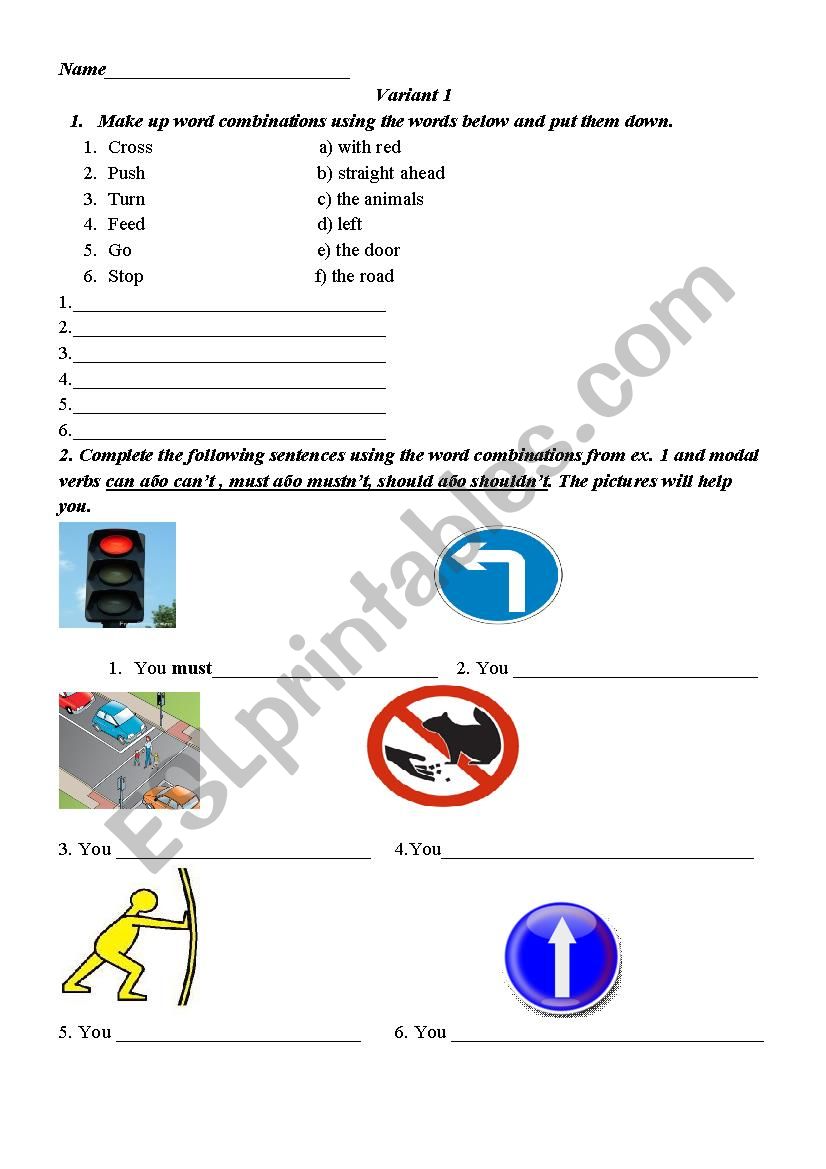 Traffic sign Writing tasks worksheet