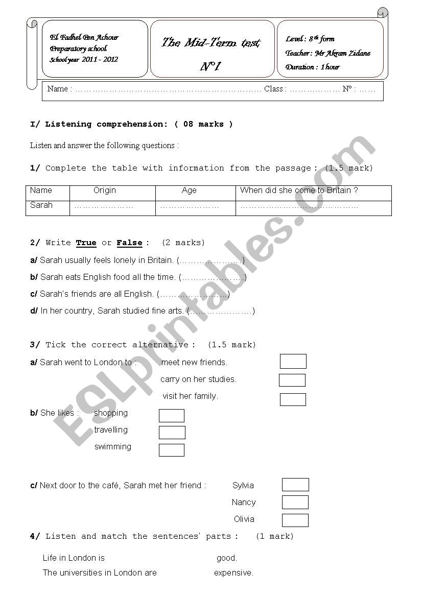 mid term test :8th form worksheet