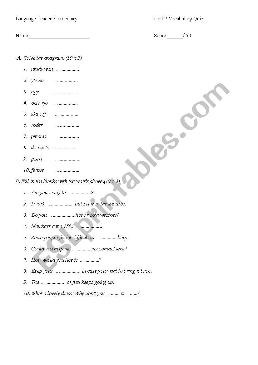 vocabulary quiz for the book language leader unit7
