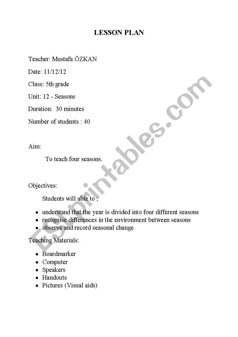 Seasons- Lesson Pan worksheet