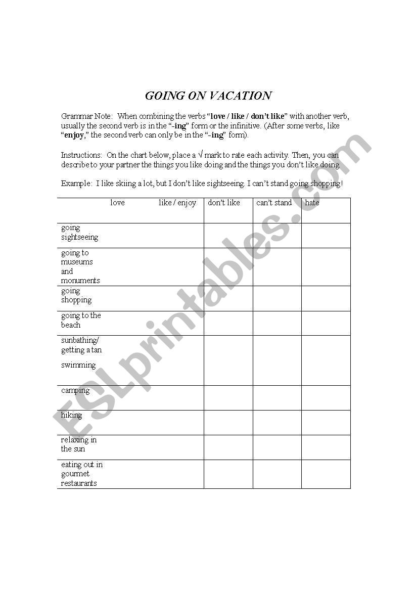 Going on Vacation worksheet