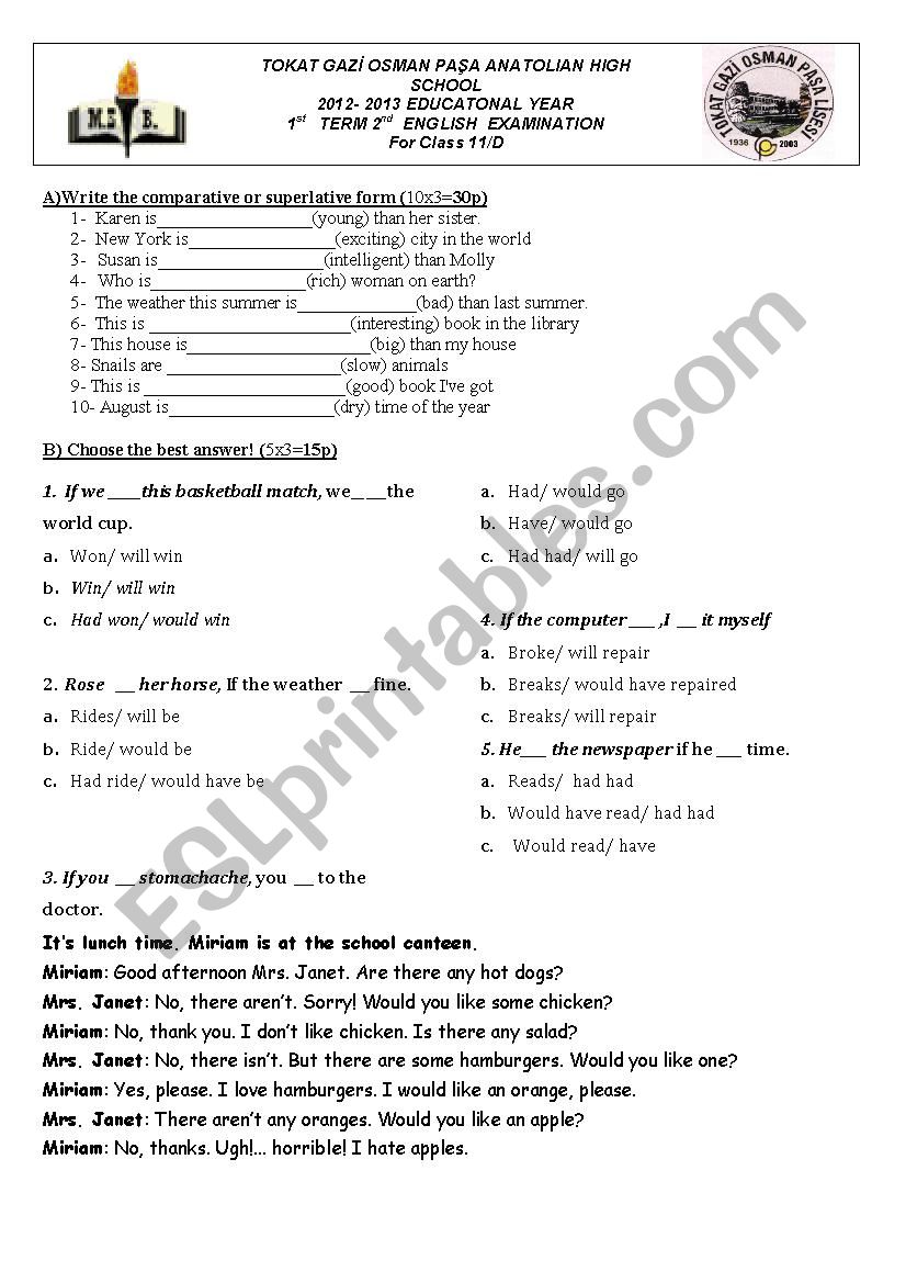 Examination II For Class 11 Students (Anatolian High School)