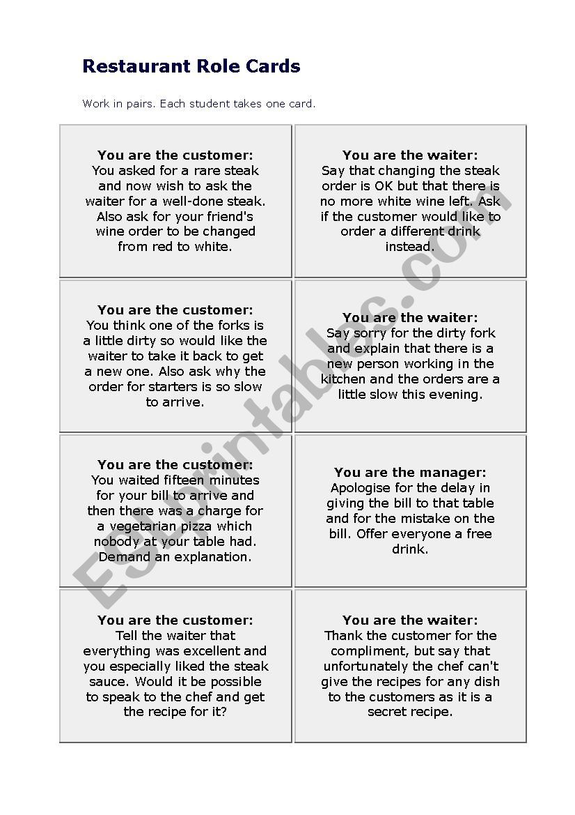 Restaurant Role Cards worksheet