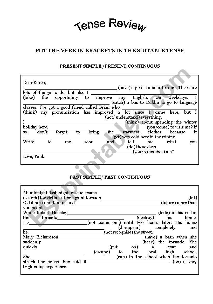 TENSE REVIEW: PRESENT/PAST worksheet